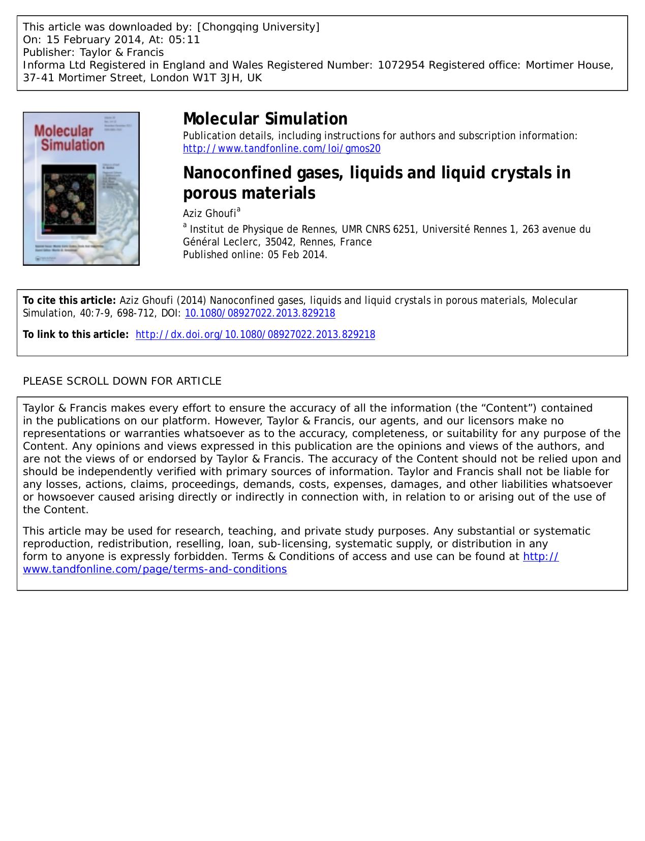 Nanoconfined gases, liquids and liquid crystals in porous materials by Aziz Ghoufi