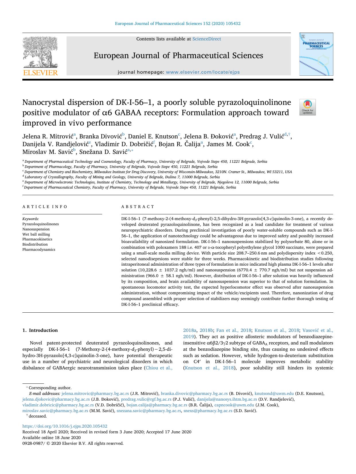 Nanocrystal dispersion of DK-I-56â1, a poorly soluble pyrazoloquinolinone positive modulator of Î±6 GABAA receptors_ Formulation approach toward improved in vivo performance by unknow