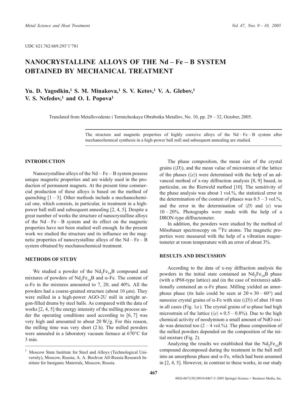 Nanocrystalline Alloys of the Nd - Fe - B System Obtained by Mechanical Treatment by Unknown