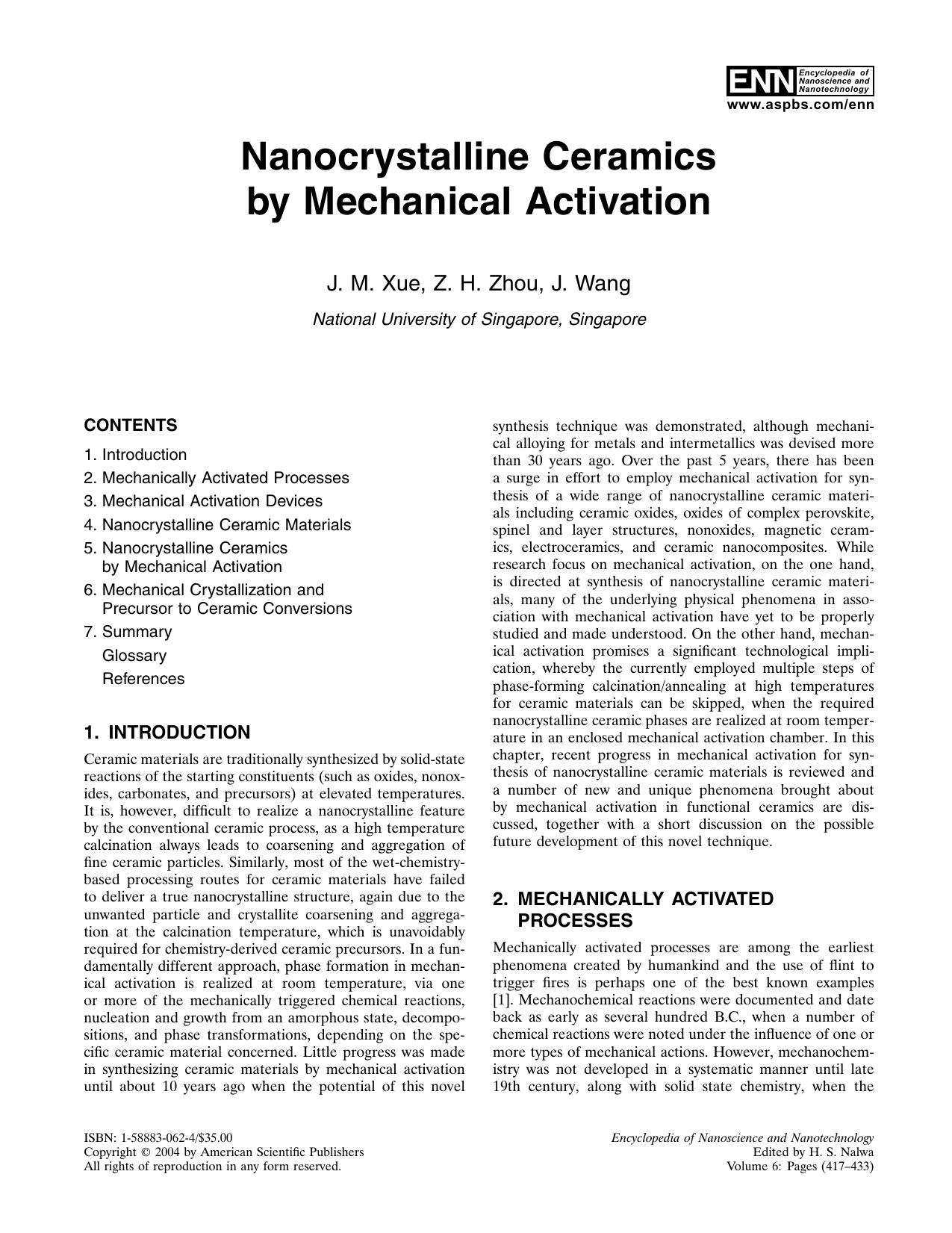 Nanocrystalline Ceramics by Mechanical Activation by Xue J.M. Zhou Z.H. Wang J