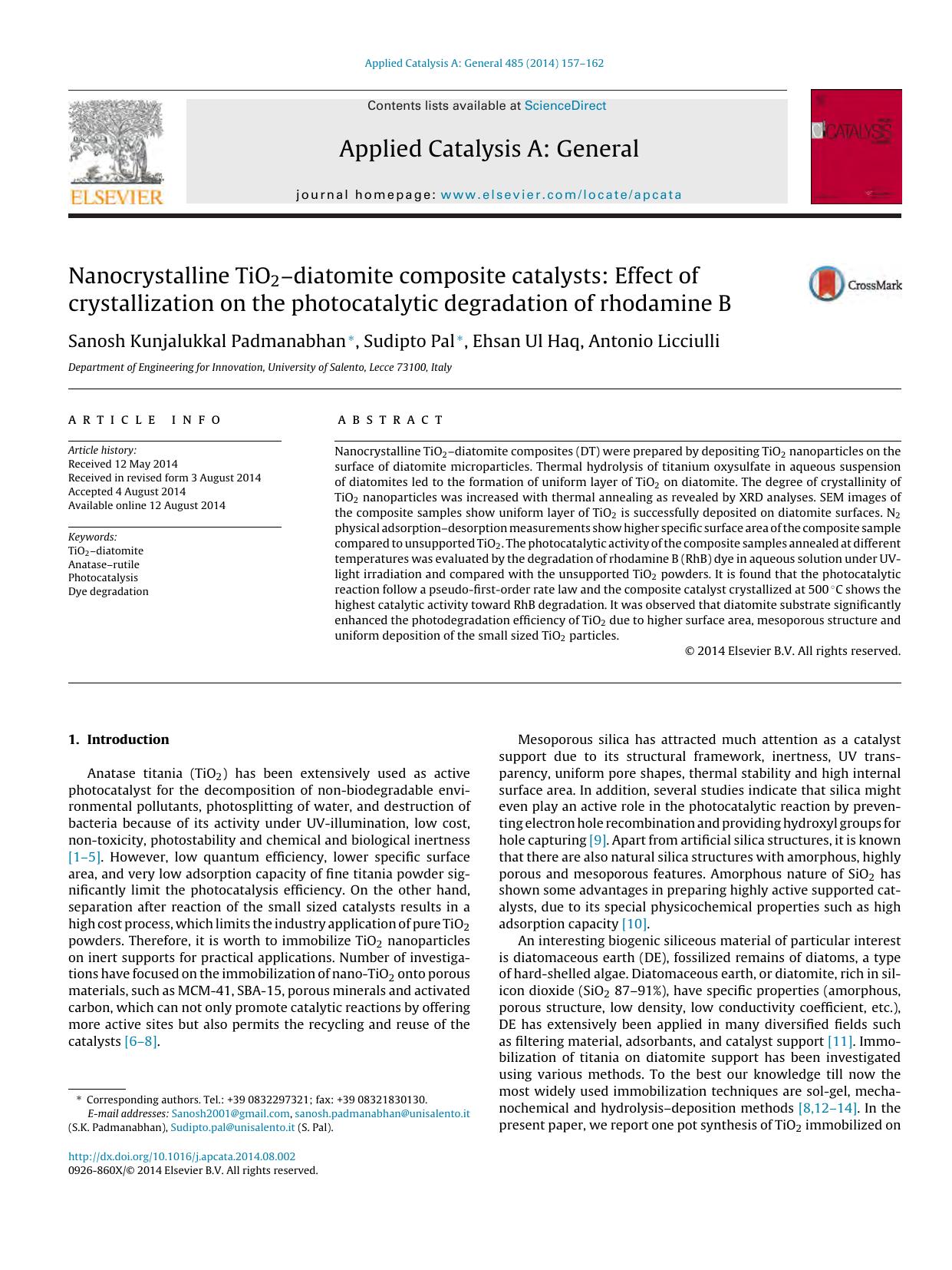Nanocrystalline TiO2âdiatomite composite catalysts: Effect of crystallization on the photocatalytic degradation of rhodamine B by Sanosh Kunjalukkal Padmanabhan & Sudipto Pal & Ehsan Ul Haq & Antonio Licciulli