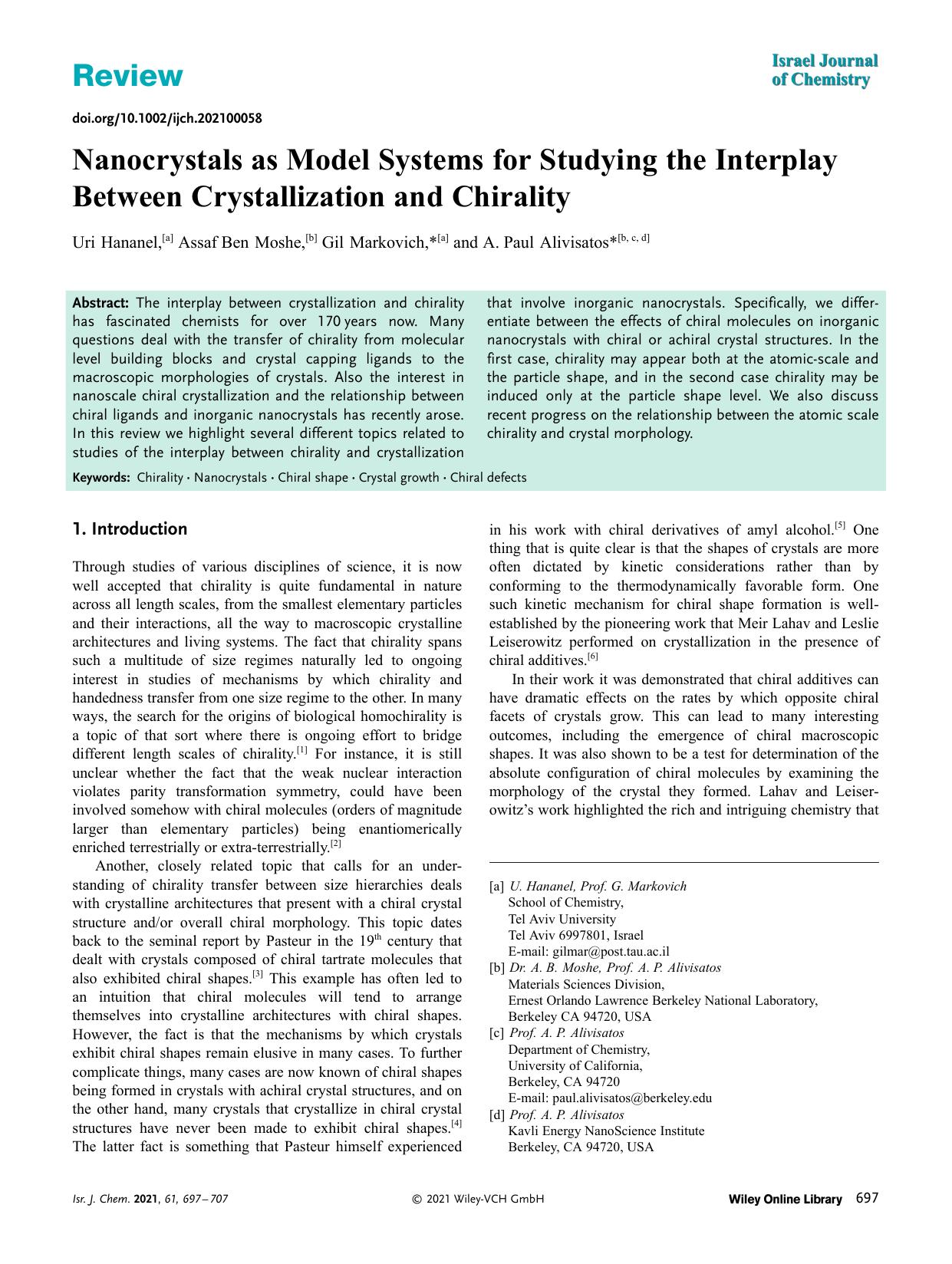 Nanocrystals as Model Systems for Studying the Interplay Between Crystallization and Chirality by Unknown