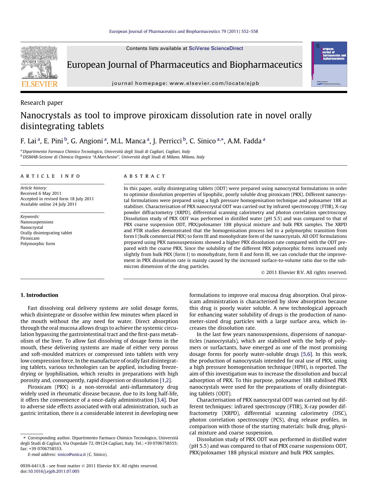 Nanocrystals as tool to improve piroxicam dissolution rate in novel orally disintegrating tablets by F. Lai & E. Pini & G. Angioni & M.L. Manca & J. Perricci & C. Sinico & A.M. Fadda