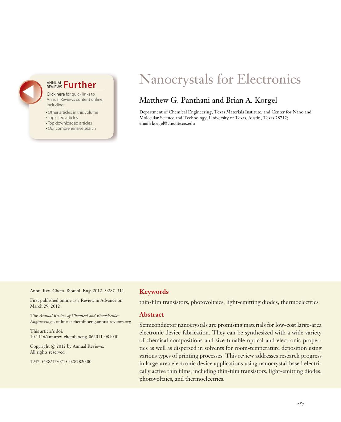 Nanocrystals for Electronics by Matthew G. Panthani and Brian A. Korgel