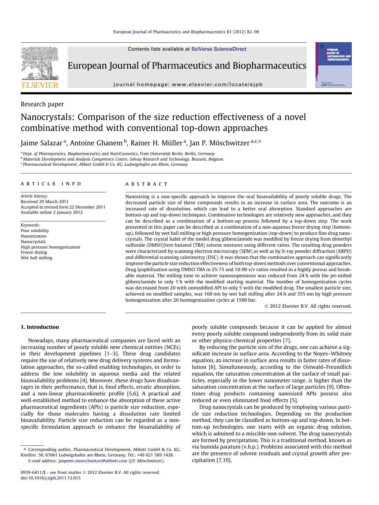 Nanocrystals: Comparison of the size reduction effectiveness of a novel combinative method with conventional top-down approaches by Jaime Salazar & Antoine Ghanem & Rainer H. Müller & Jan P. Möschwitzer