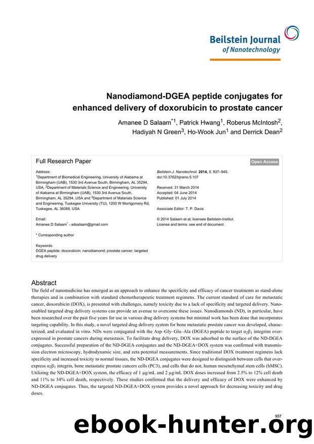 Nanodiamond-DGEA peptide conjugates for enhanced delivery of doxorubicin to prostate cancer by Amanee D Salaam Patrick Hwang Roberus McIntosh Hadiyah N Green Ho-Wook Jun Derrick Dean