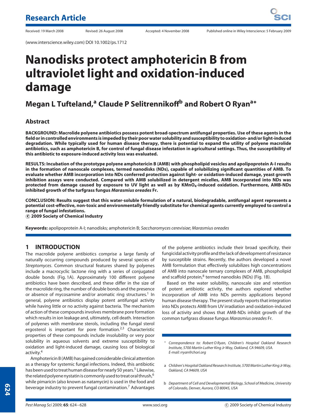 Nanodisks protect amphotericin B from ultraviolet light and oxidation-induced damage by Unknown
