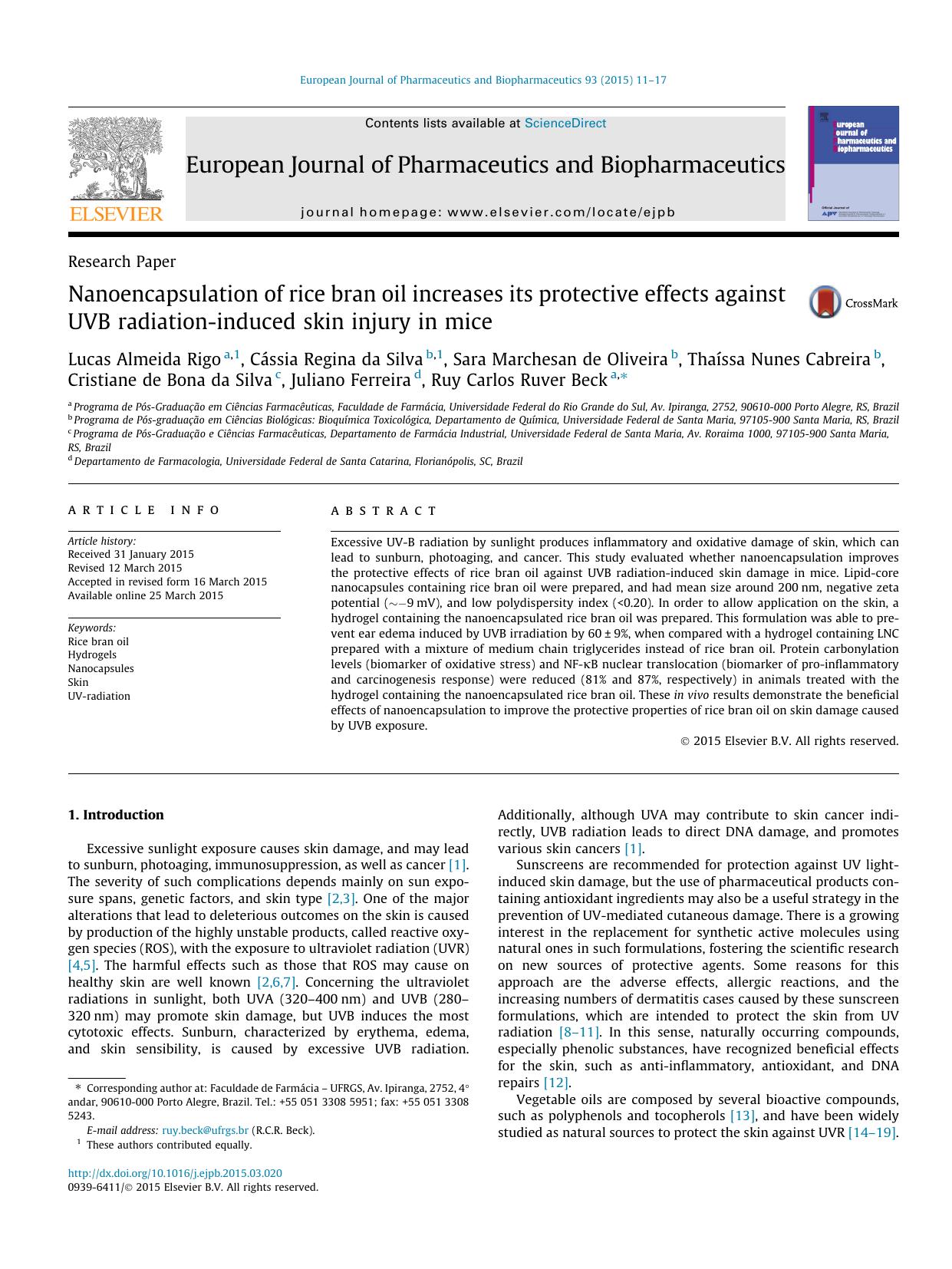 Nanoencapsulation of rice bran oil increases its protective effects against UVB radiation-induced skin injury in mice by unknow
