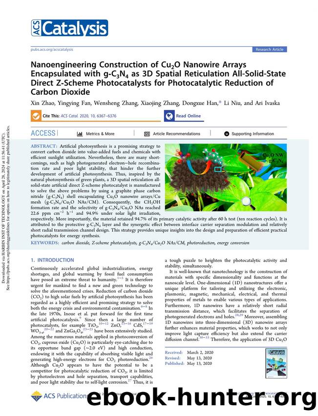 Nanoengineering Construction of Cu2O Nanowire Arrays Encapsulated with g-C3N4 as 3D Spatial Reticulation All-Solid-State Direct Z-Scheme Photocatalysts for Photocatalytic Reduction of Carbon Dioxide by Xin Zhao Yingying Fan Wensheng Zhang Xiaojing Zhang Dongxue Han Li Niu & Ari Ivaska