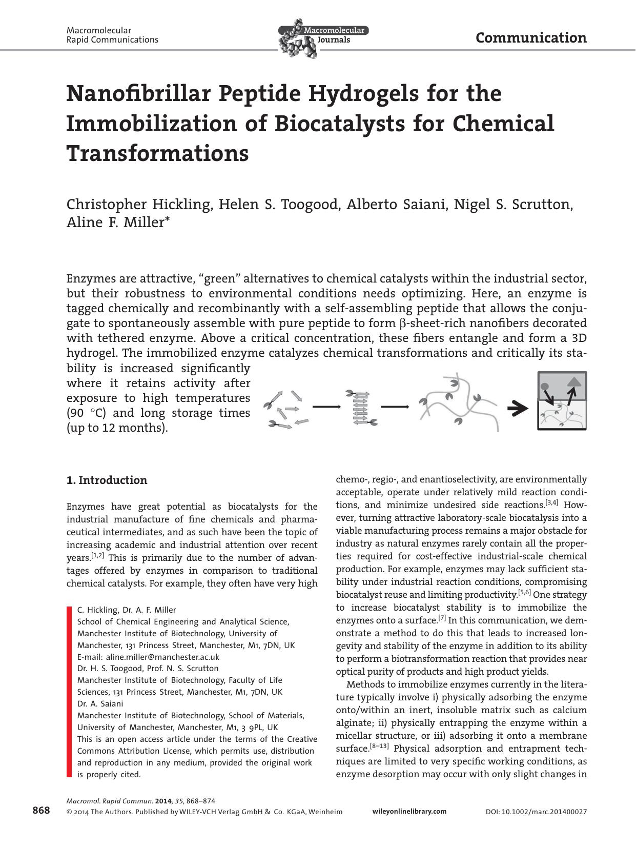 Nanofibrillar Peptide Hydrogels for the Immobilization of Biocatalysts for Chemical Transformations by s-w-270