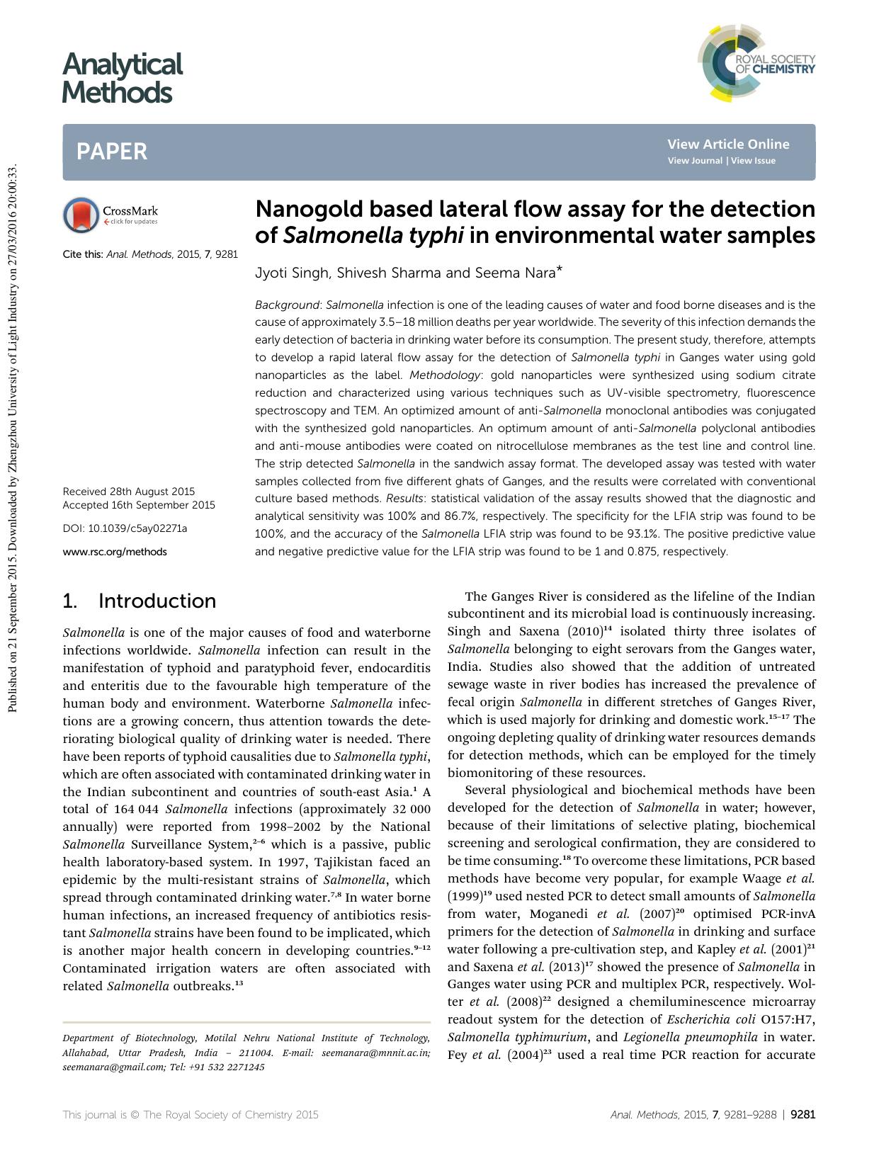 Nanogold based lateral flow assay for the detection of Salmonella typhi in environmental water samples by Jyoti Singh & Shivesh Sharma & Seema Nara