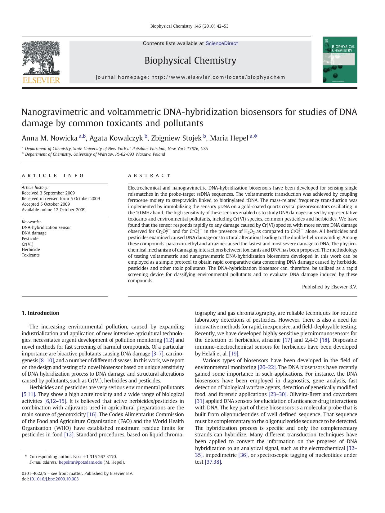 Nanogravimetric and voltammetric DNA-hybridization biosensors for studies of DNA damage by common toxicants and pollutants by Anna M. Nowicka; Agata Kowalczyk; Zbigniew Stojek; Maria Hepel