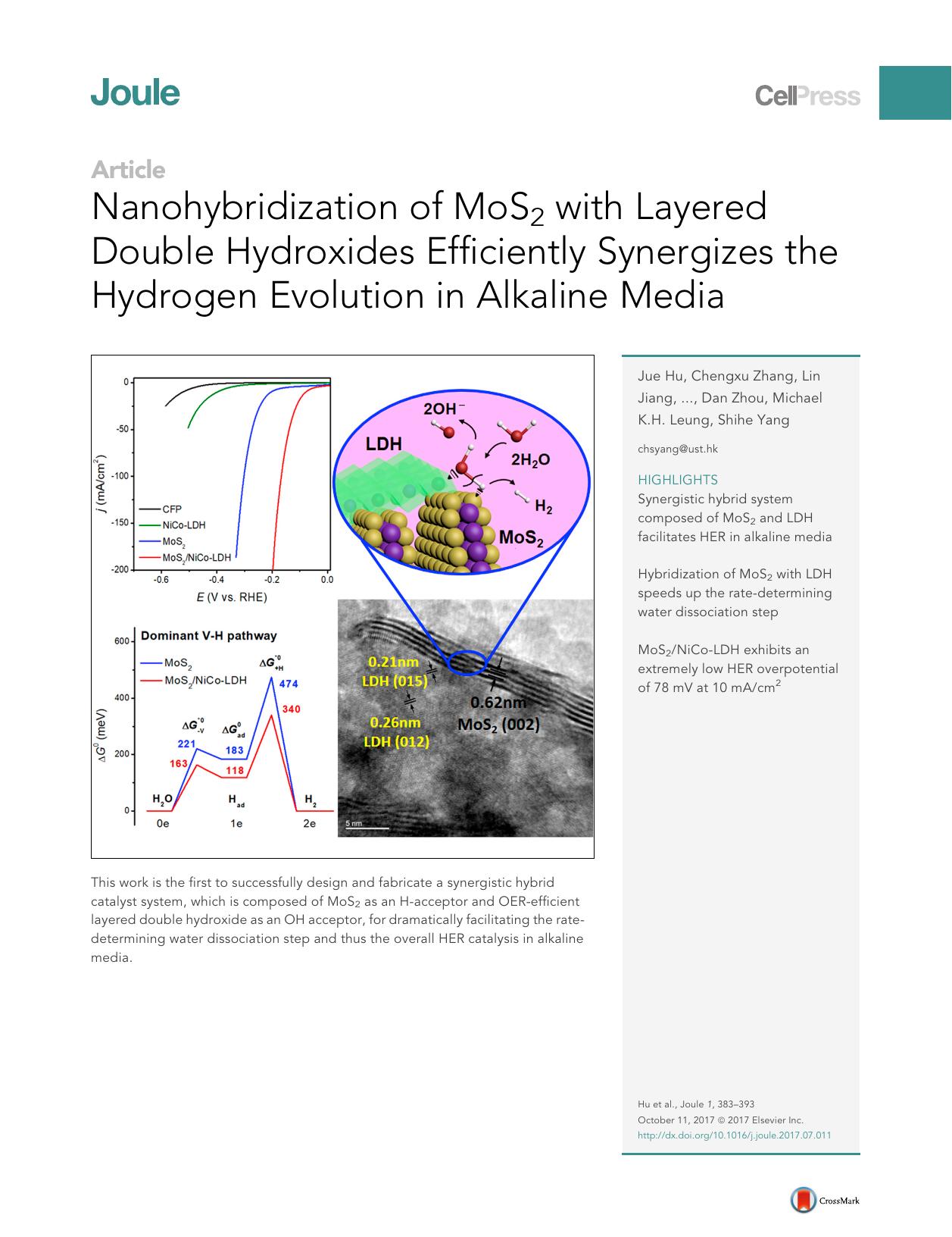 Nanohybridization of MoS2 with Layered Double Hydroxides Efficiently Synergizes the Hydrogen Evolution in Alkaline Media by Jue Hu & Chengxu Zhang & Lin Jiang & He Lin & Yiming An & Dan Zhou & Michael K.H. Leung & Shihe Yang