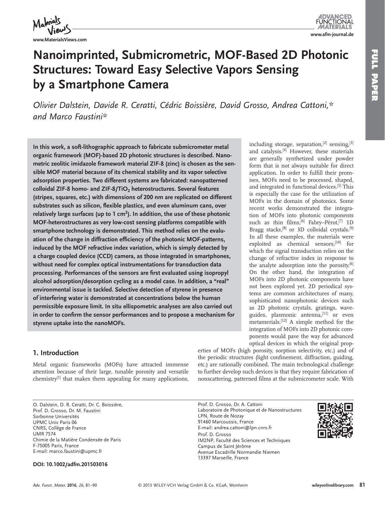 Nanoimprinted, Submicrometric, MOF‐Based 2D Photonic Structures: Toward Easy Selective Vapors Sensing by a Smartphone Camera by Unknown