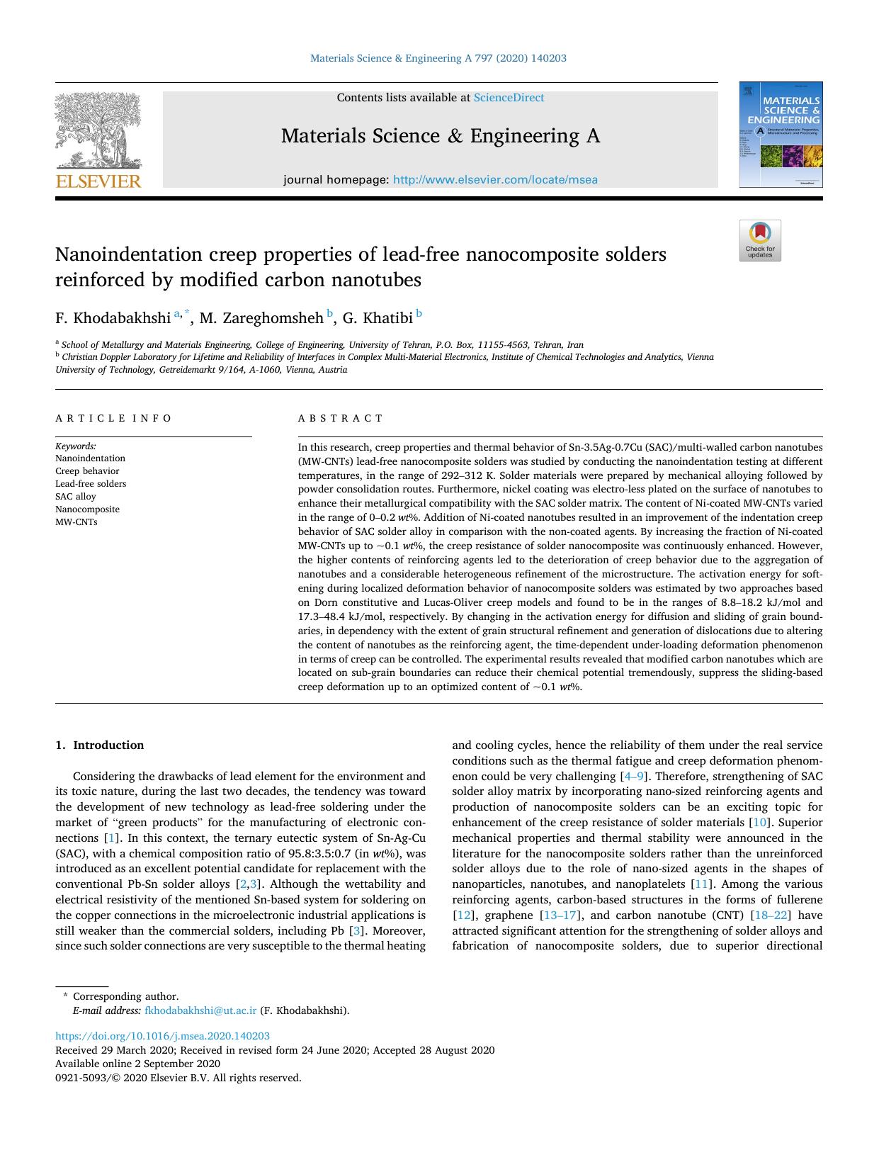 Nanoindentation creep properties of lead-free nanocomposite solders reinforced by modified carbon nanotubes by F. Khodabakhshi