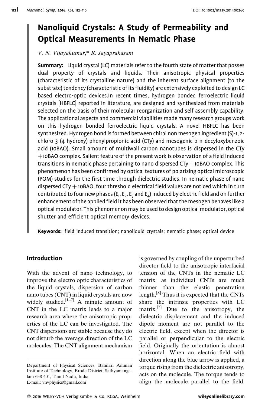 Nanoliquid Crystals: A Study of Permeability and Optical Measurements in Nematic Phase by Unknown