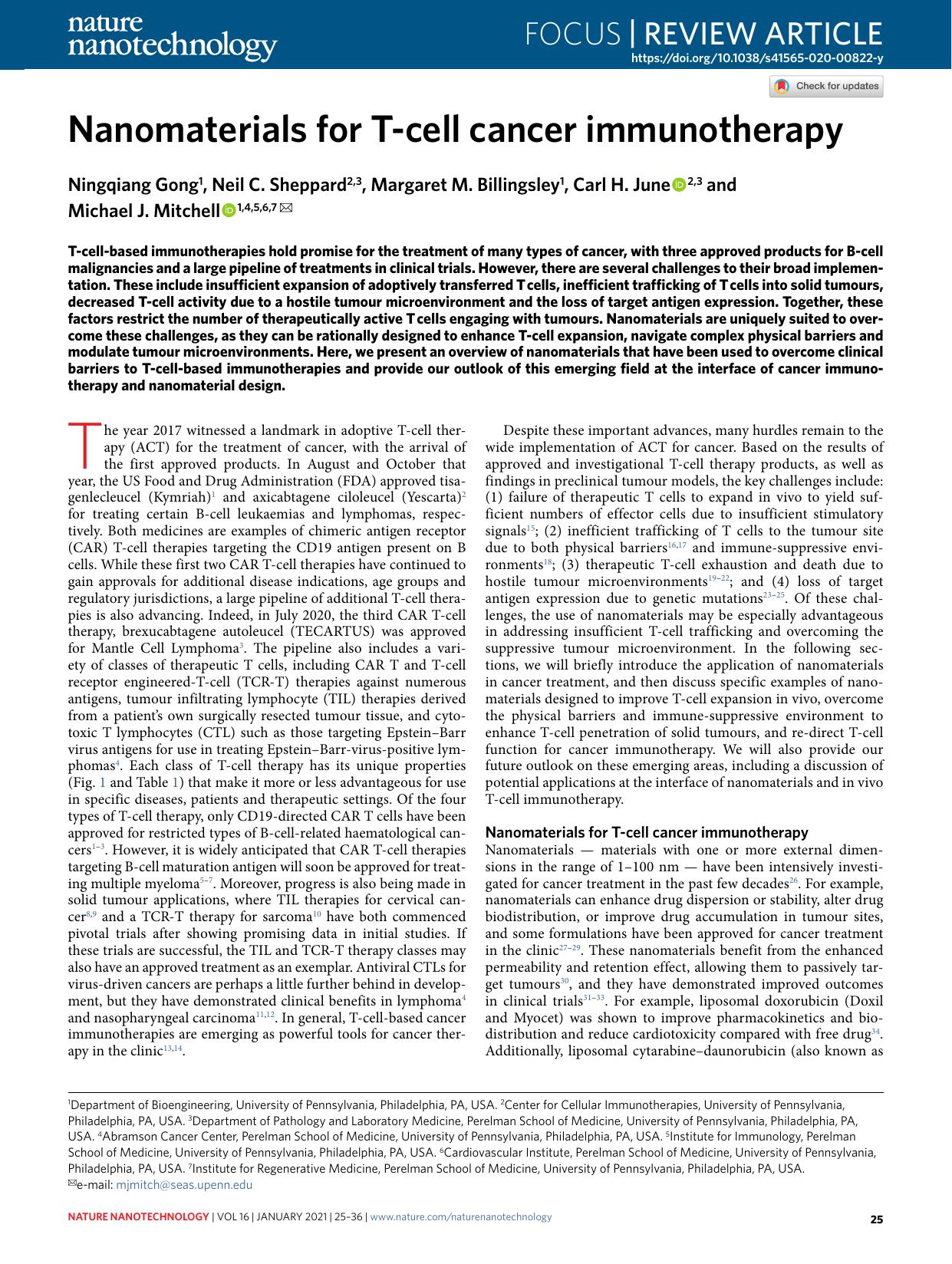 Nanomaterials for T-cell cancer immunotherapy by Ningqiang Gong & Neil C. Sheppard & Margaret M. Billingsley & Carl H. June & Michael J. Mitchell