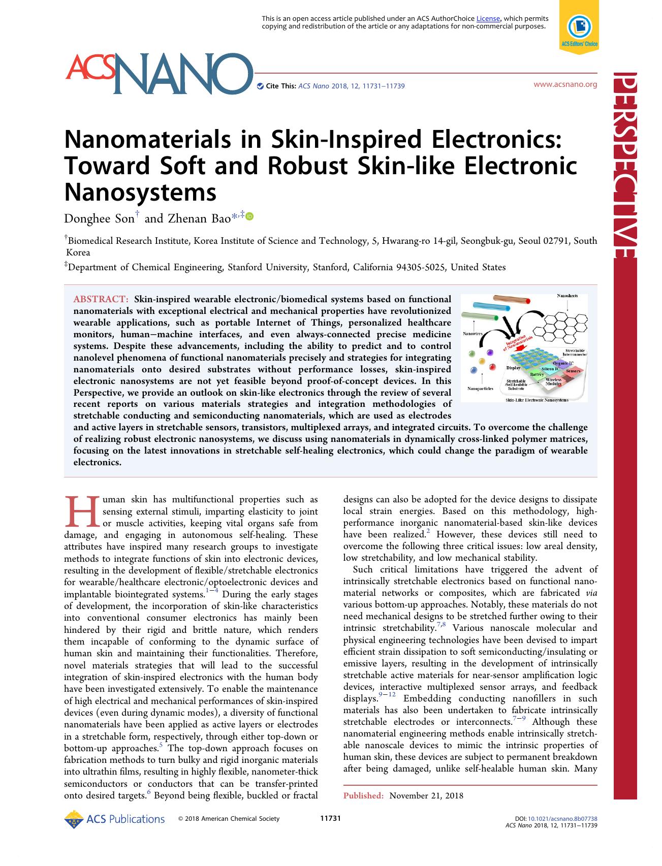 Nanomaterials in Skin-Inspired Electronics: Toward Soft and Robust Skin-like Electronic Nanosystems by Donghee Son and Zhenan Bao