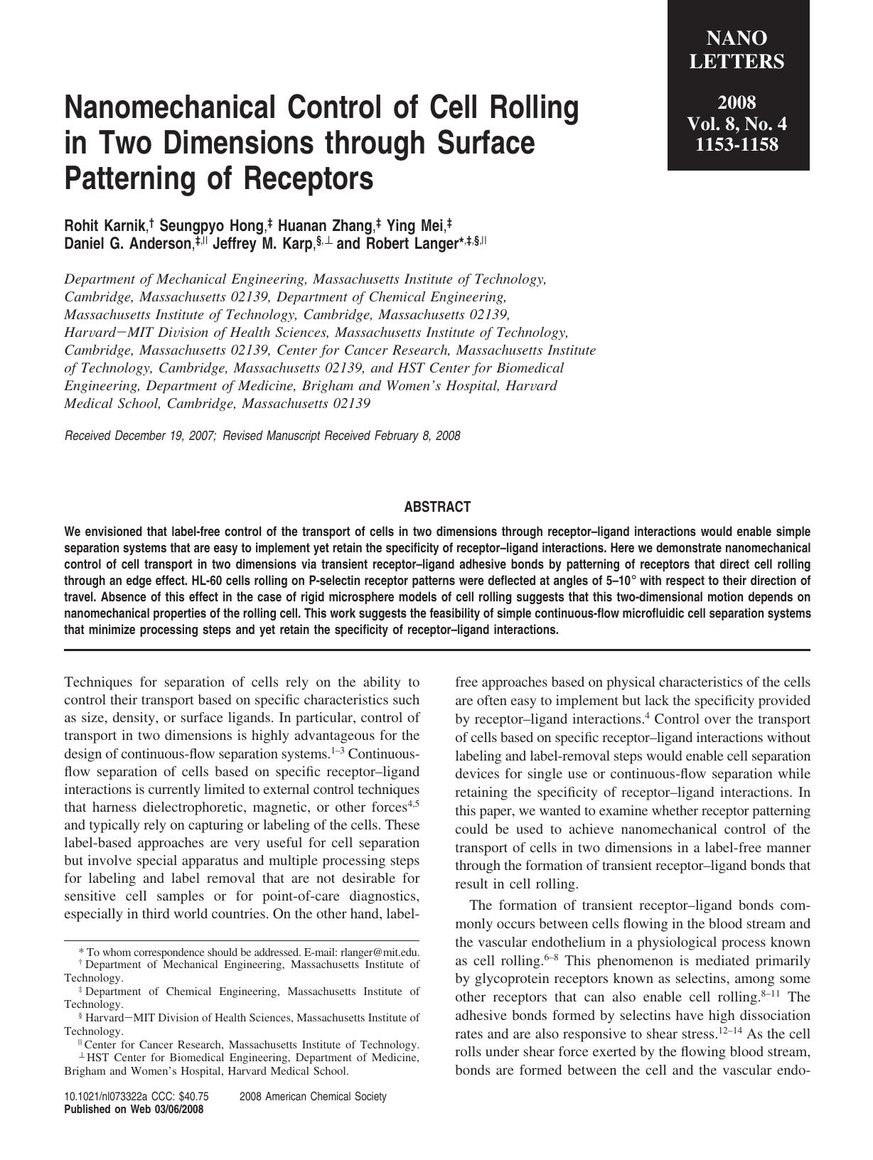 Nanomechanical Control of Cell Rolling in Two Dimensions through Surface Patterning of Receptors by Unknown