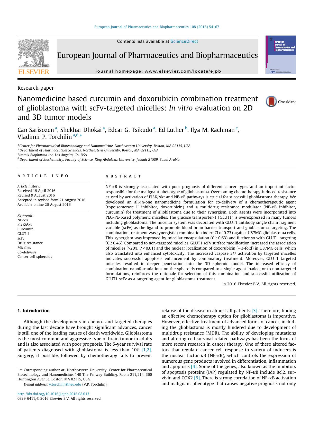 Nanomedicine based curcumin and doxorubicin combination treatment of glioblastoma with scFv-targeted micelles: In vitro evaluation on 2D and 3D tumor models by unknow