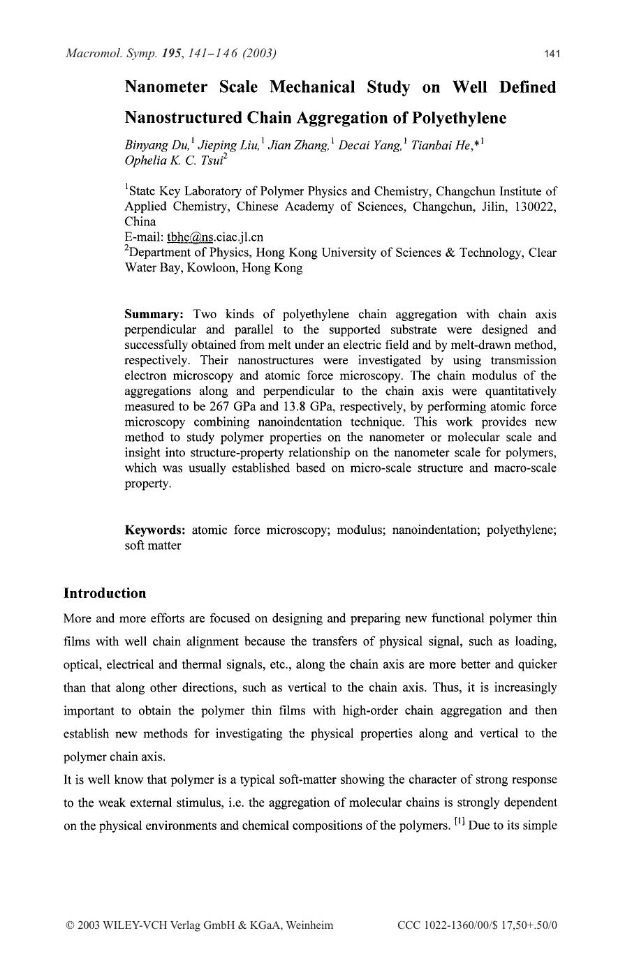 Nanometer scale mechanical study on well defined nanostructured chain aggregation of polyethylene by Unknown