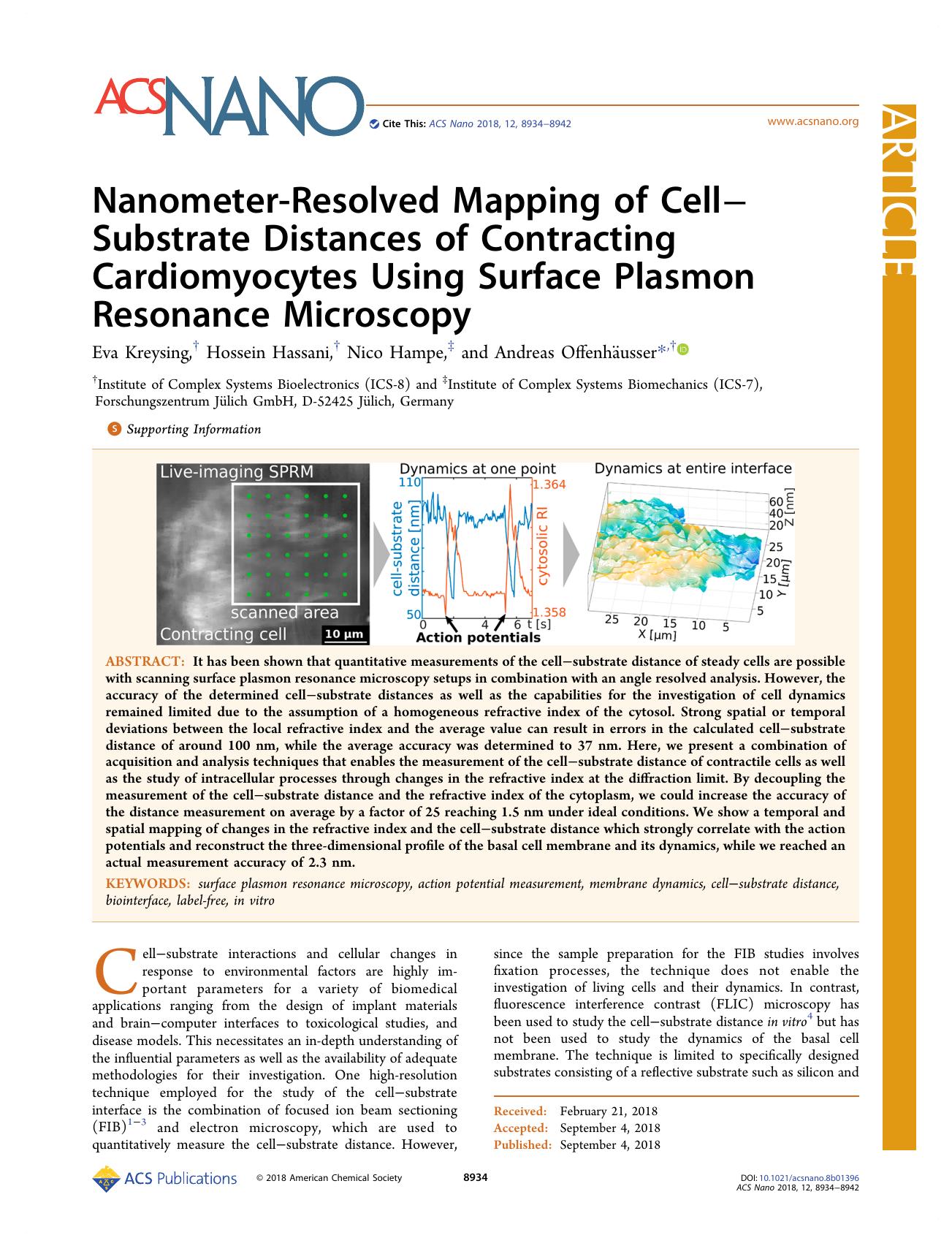 Nanometer-Resolved Mapping of CellâSubstrate Distances of Contracting Cardiomyocytes Using Surface Plasmon Resonance Microscopy by Eva Kreysing Hossein Hassani Nico Hampe and Andreas Offenhäusser