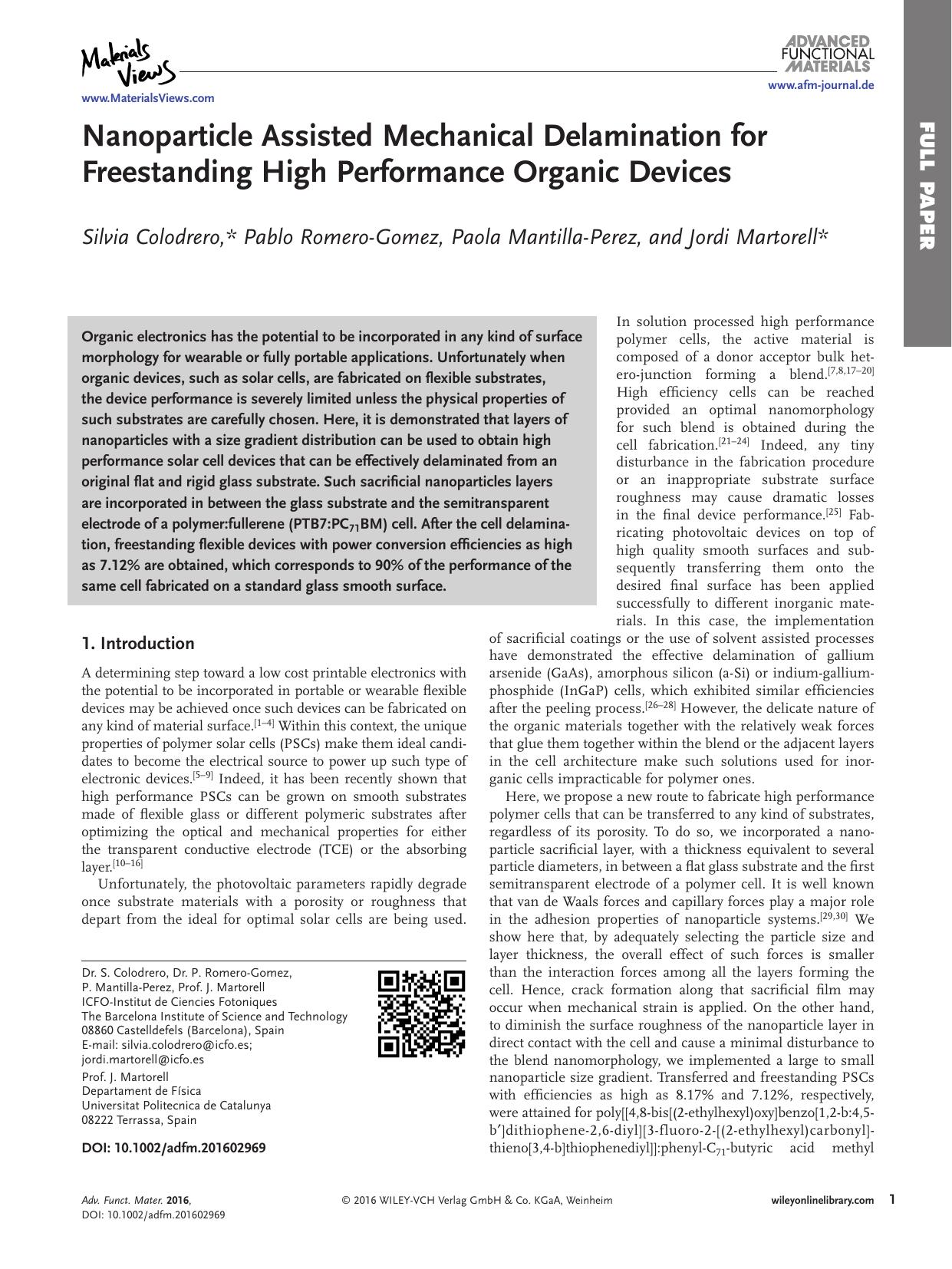 Nanoparticle Assisted Mechanical Delamination for Freestanding High Performance Organic Devices by Unknown