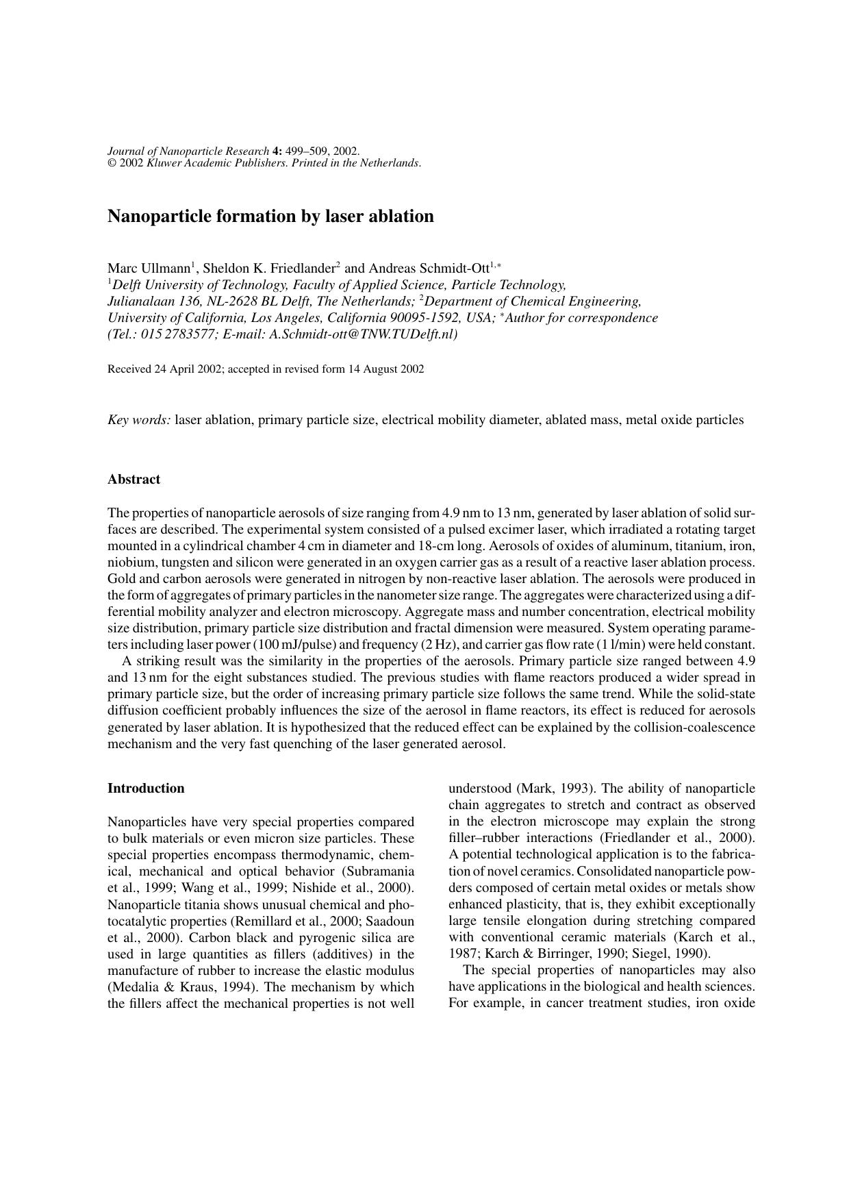 Nanoparticle Formation by Laser Ablation by Unknown