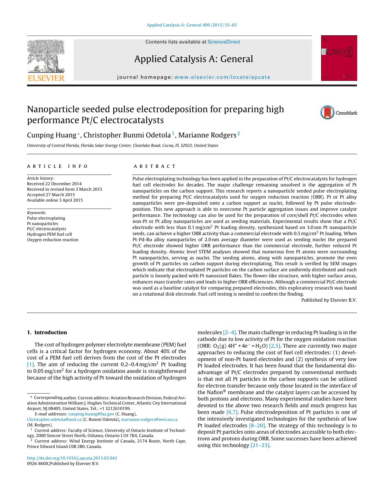 Nanoparticle seeded pulse electrodeposition for preparing high performance PtC electrocatalysts by Cunping Huang & Christopher Bunmi Odetola & Marianne Rodgers