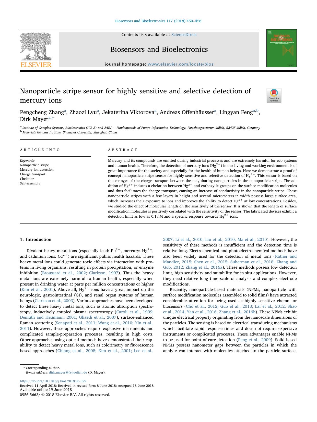 Nanoparticle stripe sensor for highly sensitive and selective detection of mercury ions by unknow