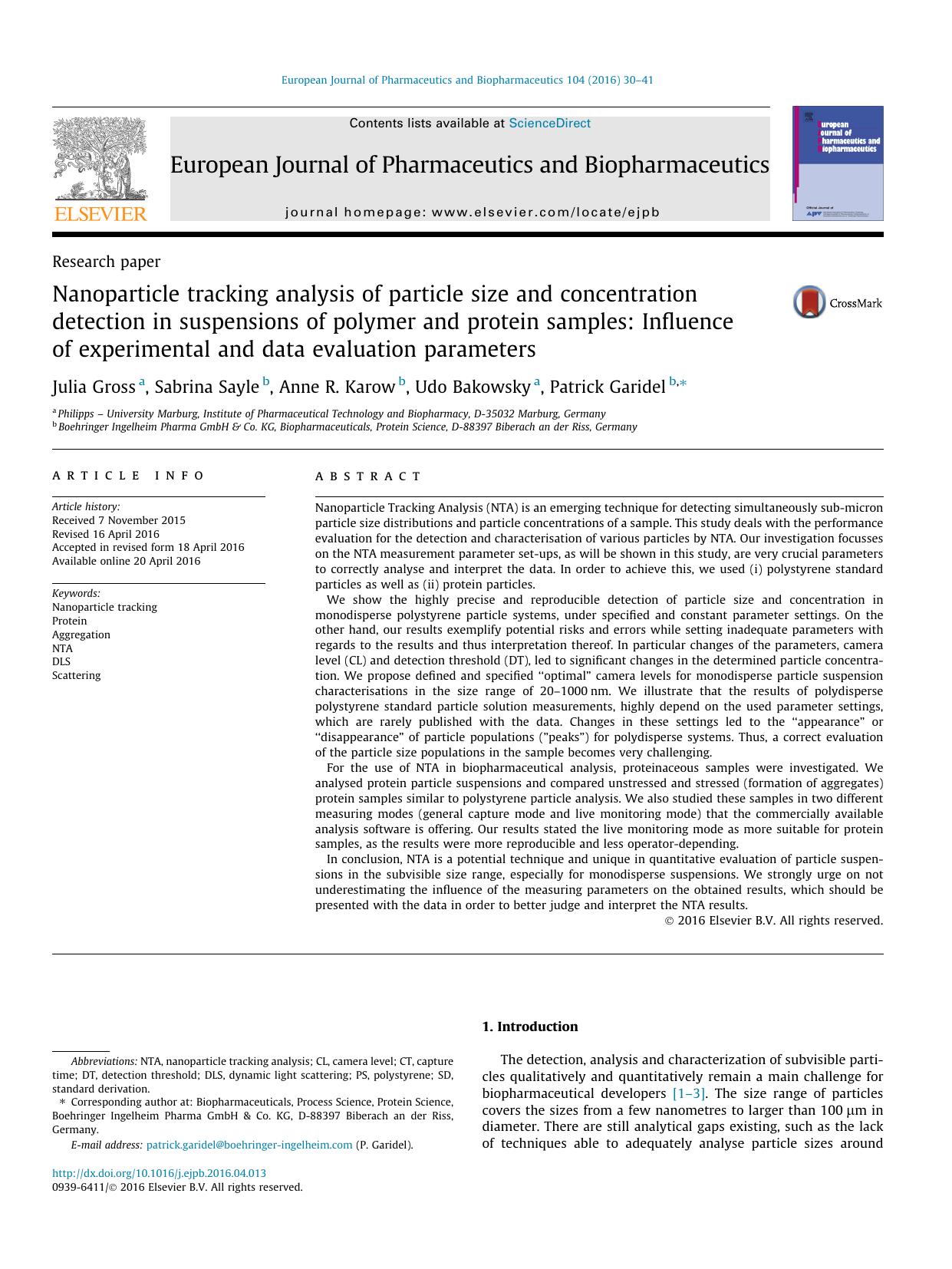 Nanoparticle tracking analysis of particle size and concentration detection in suspensions of polymer and protein samples: Influence of experimental and data evaluation parameters by Julia Gross & Sabrina Sayle & Anne R. Karow & Udo Bakowsky & Patrick Garidel