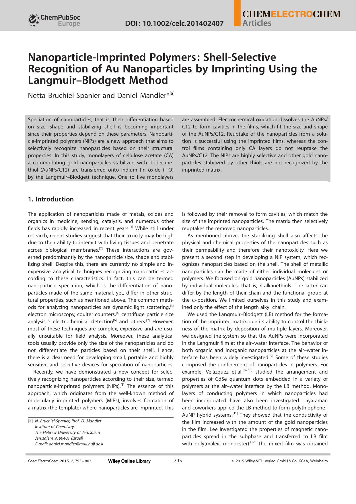 NanoparticleImprinted Polymers: ShellSelective Recognition of Au Nanoparticles by Imprinting Using the LangmuirBlodgett Method by Unknown