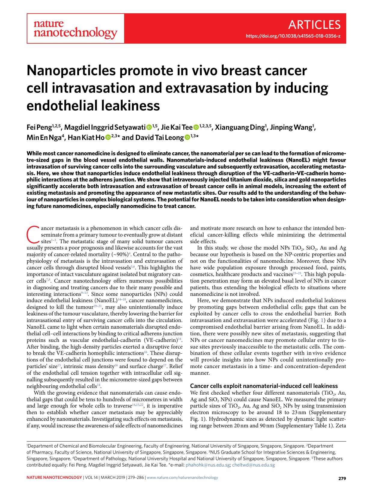 Nanoparticles promote in vivo breast cancer cell intravasation and extravasation by inducing endothelial leakiness by unknow