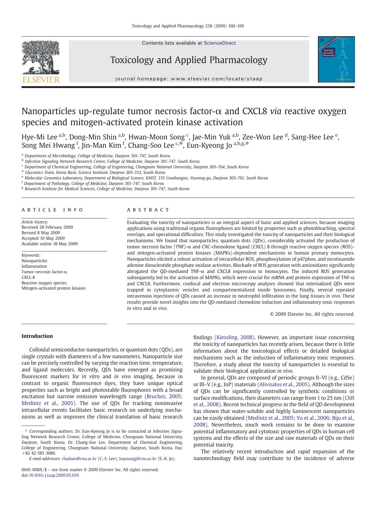 Nanoparticles up-regulate tumor necrosis factor-Î± and CXCL8 via reactive oxygen species and mitogen-activated protein kinase activation by unknow