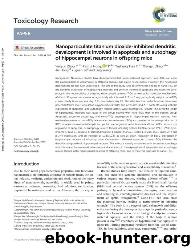 Nanoparticulate titanium dioxide-inhibited dendritic development is involved in apoptosis and autophagy of hippocampal neurons in offspring mice by Yingjun Zhou Fashui Hong Yusheng Tian Xiangyu Zhao Jie Hong Yuguan Ze Ling Wang