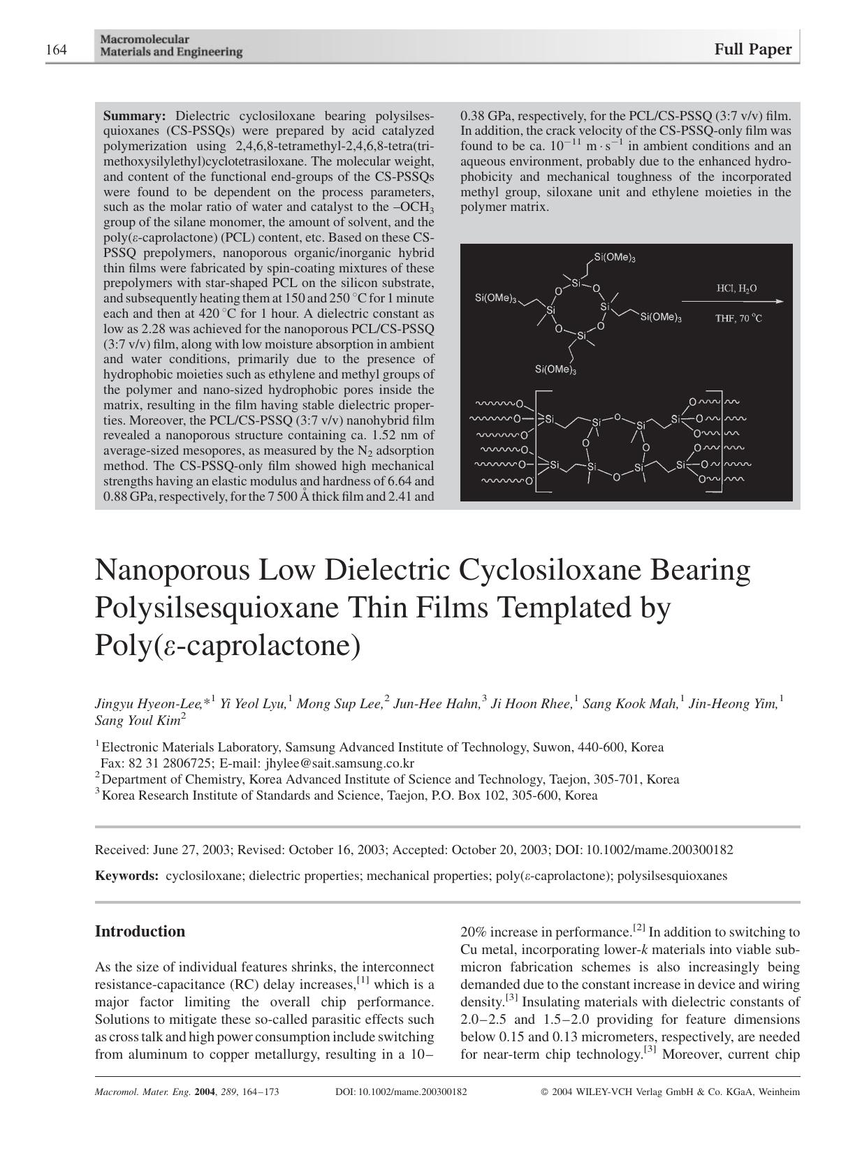 Nanoporous Low Dielectric Cyclosiloxane Bearing Polysilsesquioxane Thin Films Templated by Poly([epsiv]-caprolactone) by Unknown