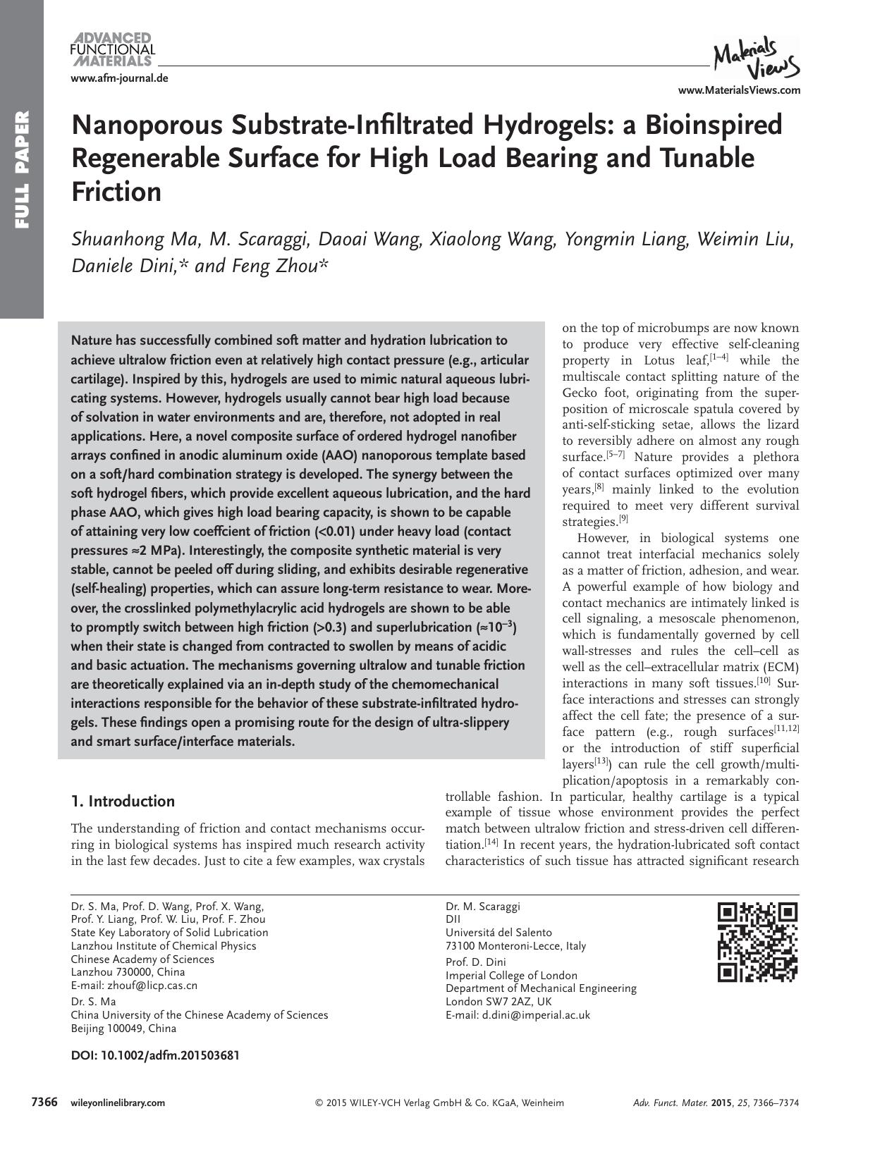 Nanoporous Substrate&#x02010;Infiltrated Hydrogels: a Bioinspired Regenerable Surface for High Load Bearing and Tunable Friction by Unknown