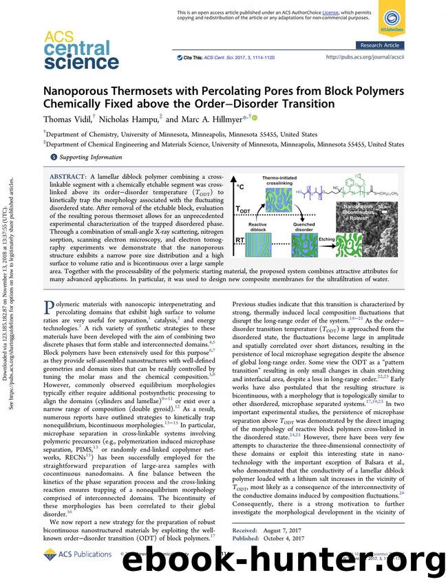 Nanoporous Thermosets with Percolating Pores from Block Polymers Chemically Fixed above the OrderâDisorder Transition by Thomas Vidil Nicholas Hampu & Marc A. Hillmyer