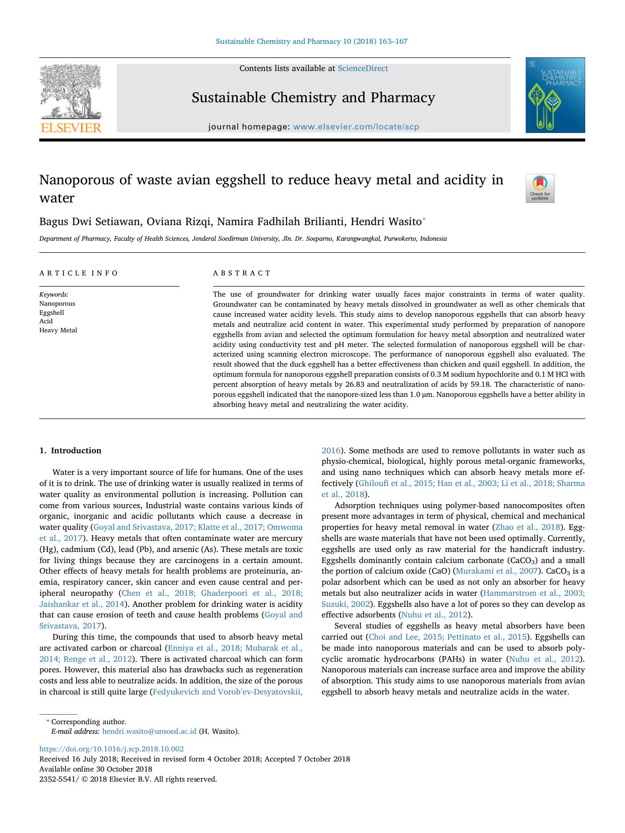 Nanoporous of waste avian eggshell to reduce heavy metal and acidity in water by Bagus Dwi Setiawan & Oviana Rizqi & Namira Fadhilah Brilianti & Hendri Wasito