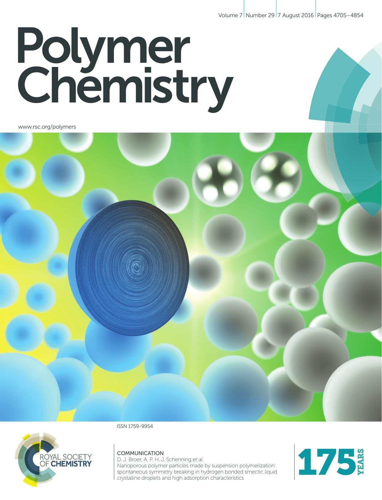 Nanoporous polymer particles made by suspension polymerization: spontaneous symmetry breaking in hydrogen bonded smectic liquid crystalline droplets and high adsorption characteristics by H. P. C. van Kuringen D. J. Mulder E. Beltran D. J. Broer A. P. H. J. Schenning