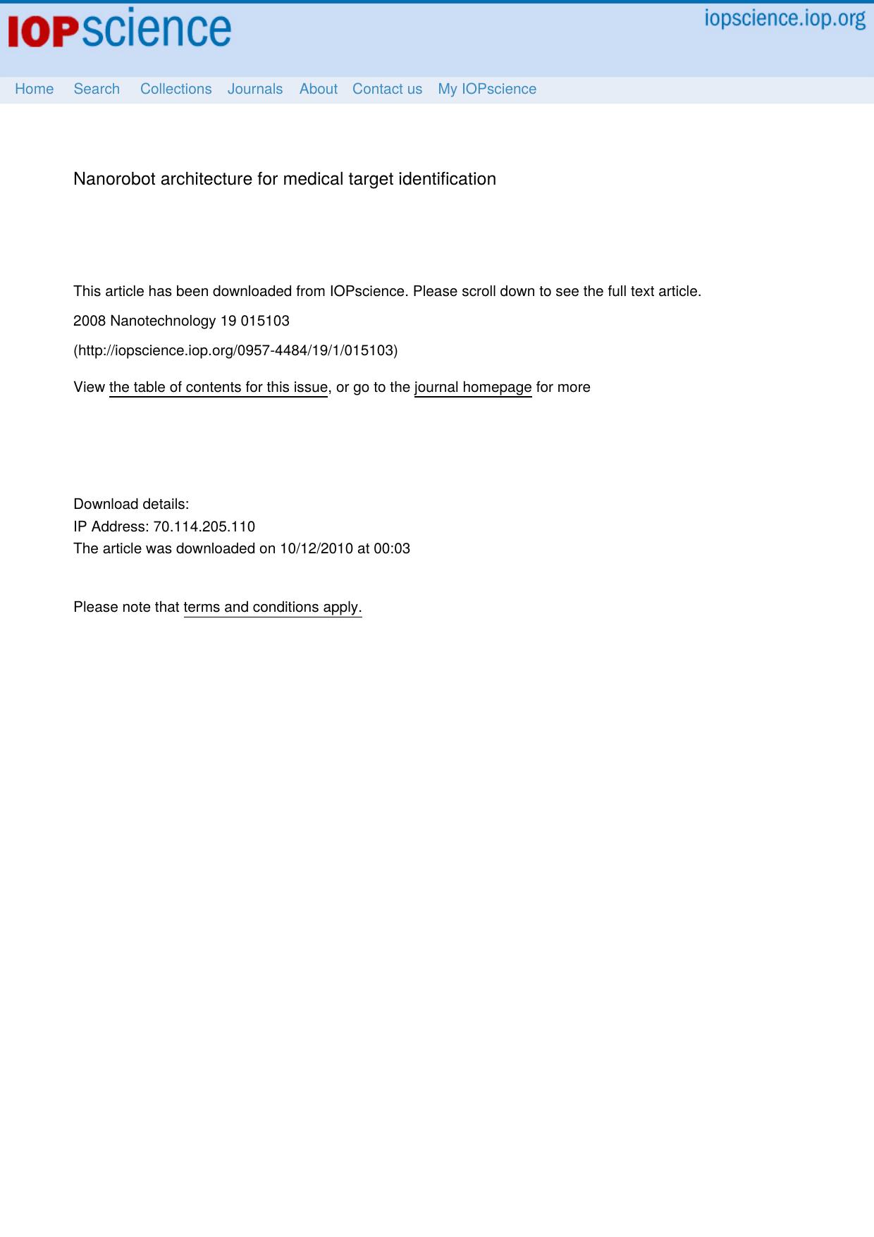 Nanorobot architecture for medical target identification by Adriano Cavalcanti Bijan Shirinzadeh Robert A Freitas Jr Tad Hogg