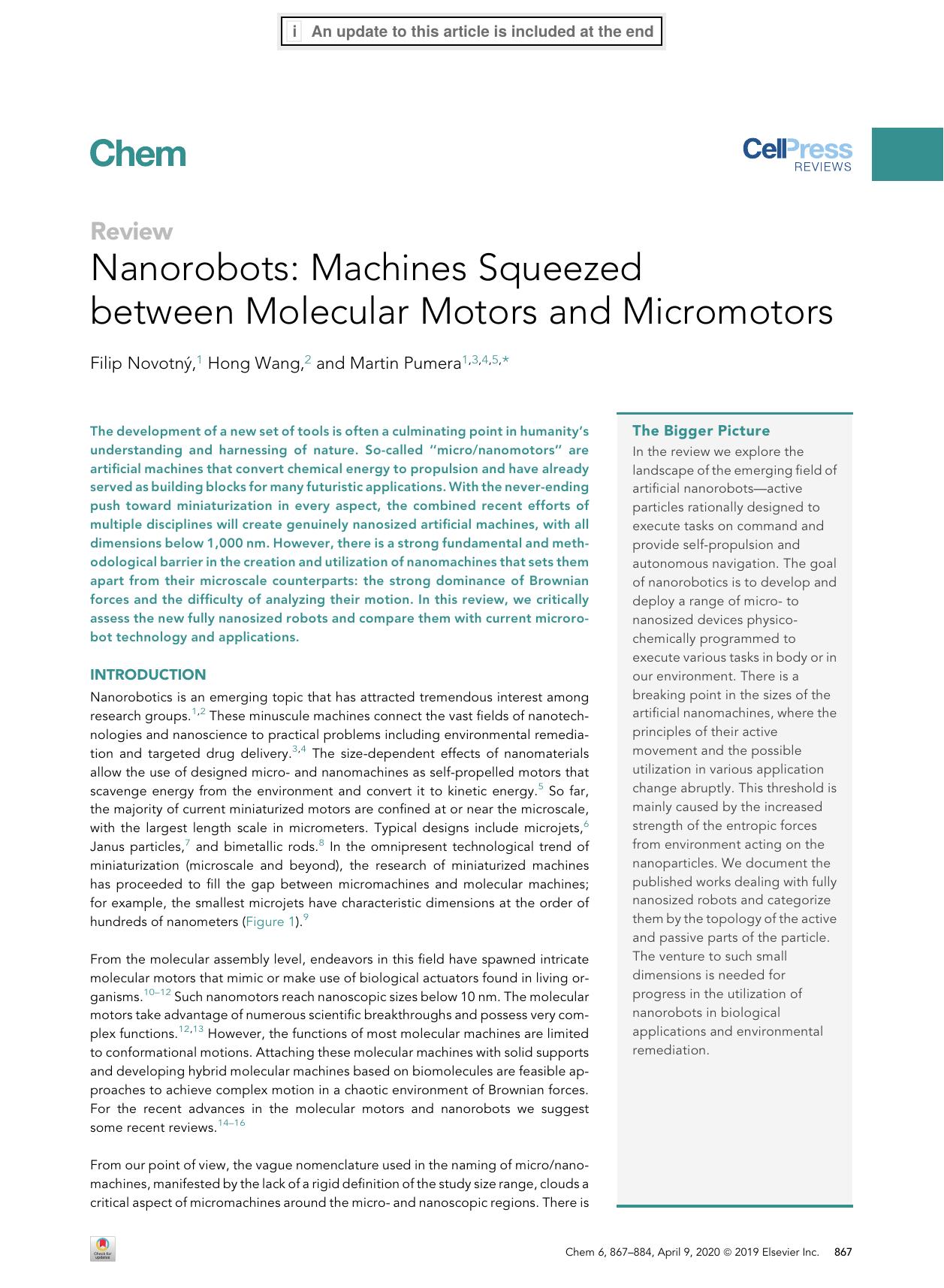 Nanorobots: Machines Squeezed between Molecular Motors and Micromotors by Filip Novotný & Hong Wang & Martin Pumera