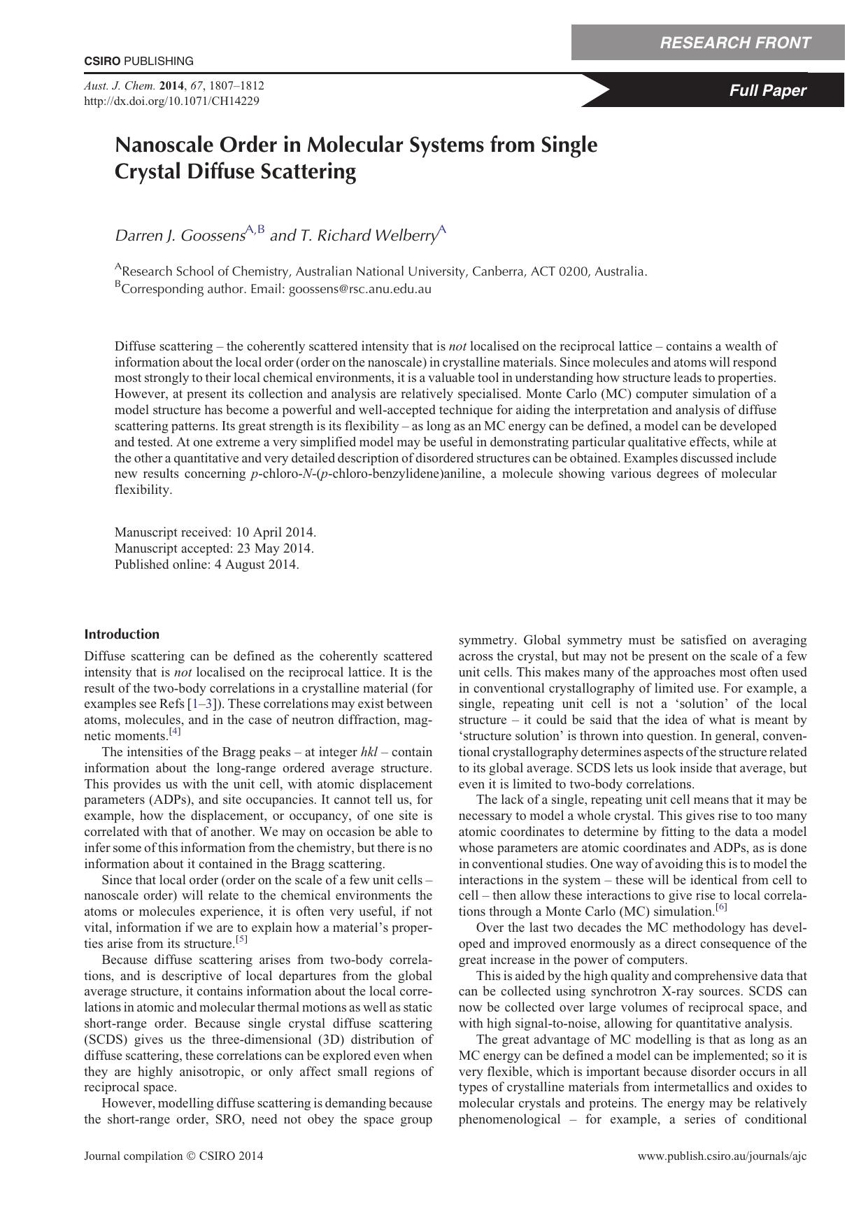 Nanoscale Order in Molecular Systems from Single Crystal Diffuse Scattering by D. J. Goossens and T. R. Welberry