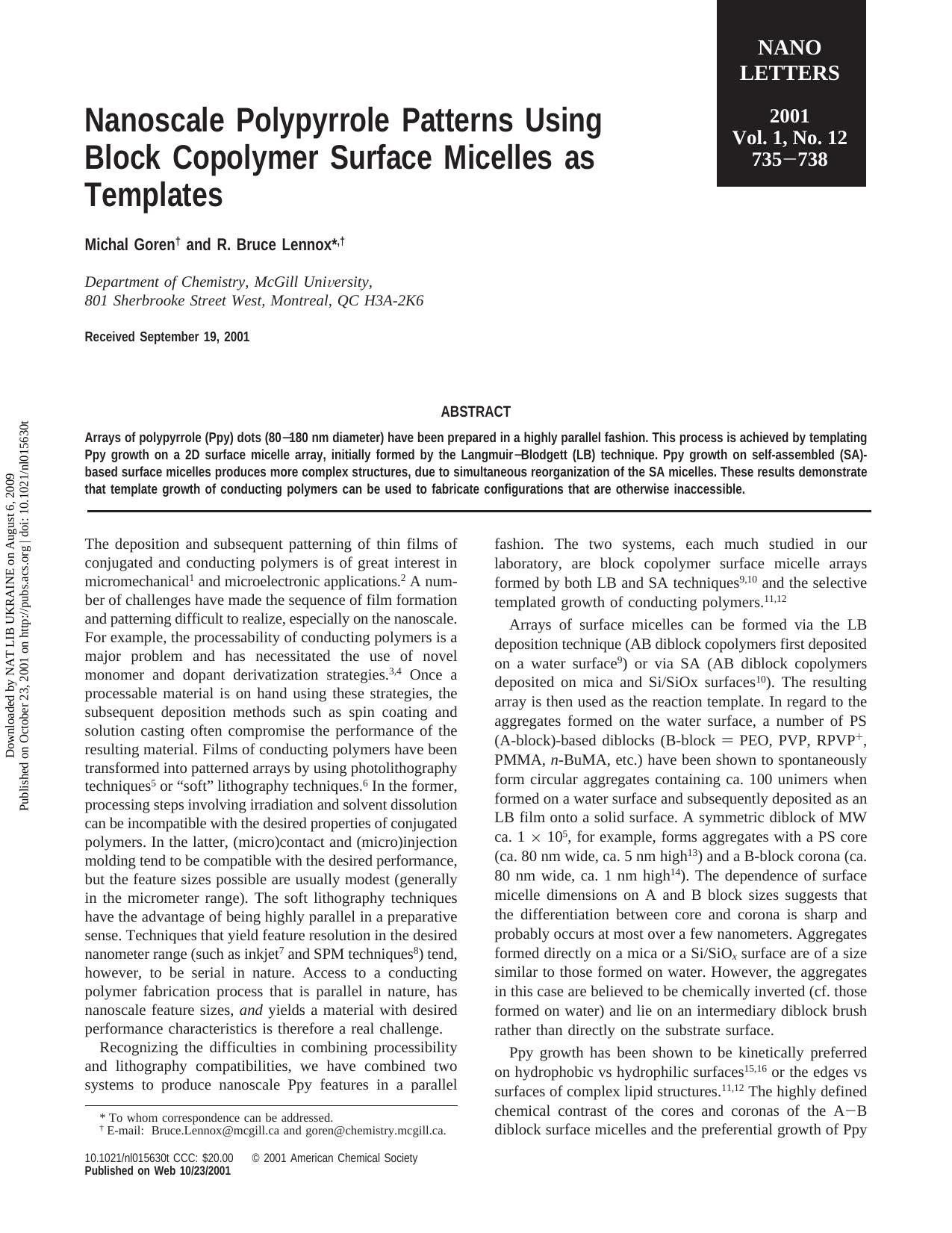 Nanoscale Polypyrrole Patterns Using Block Copolymer Surface Micelles as Templates by Michal Goren & R. Bruce Lennox*