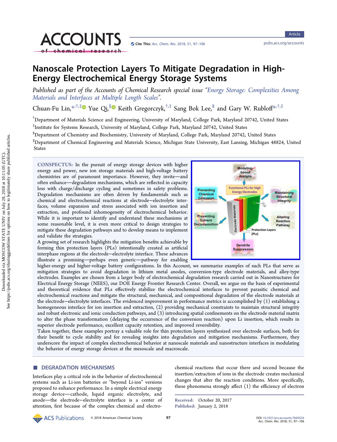 Nanoscale Protection Layers To Mitigate Degradation in High-Energy Electrochemical Energy Storage Systems by Chuan-Fu Lin Yue Qi Keith Gregorczyk Sang Bok Lee & Gary W. Rubloff