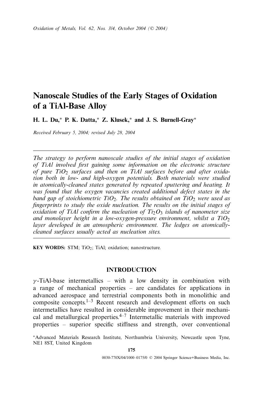 Nanoscale Studies of the Early Stages of Oxidation of a TiAl-Base Alloy by Unknown