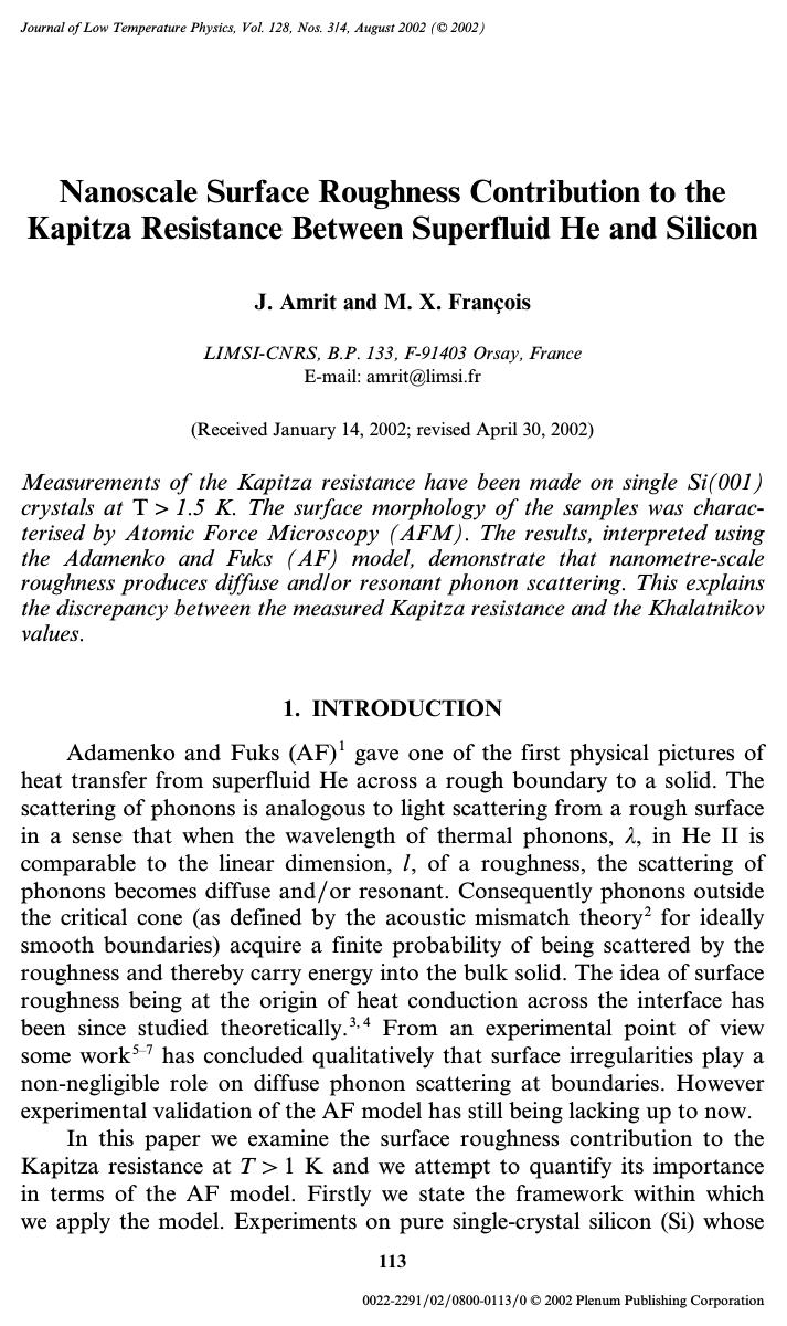 Nanoscale Surface Roughness Contribution to the Kapitza Resistance Between Superfluid He and Silicon by Unknown