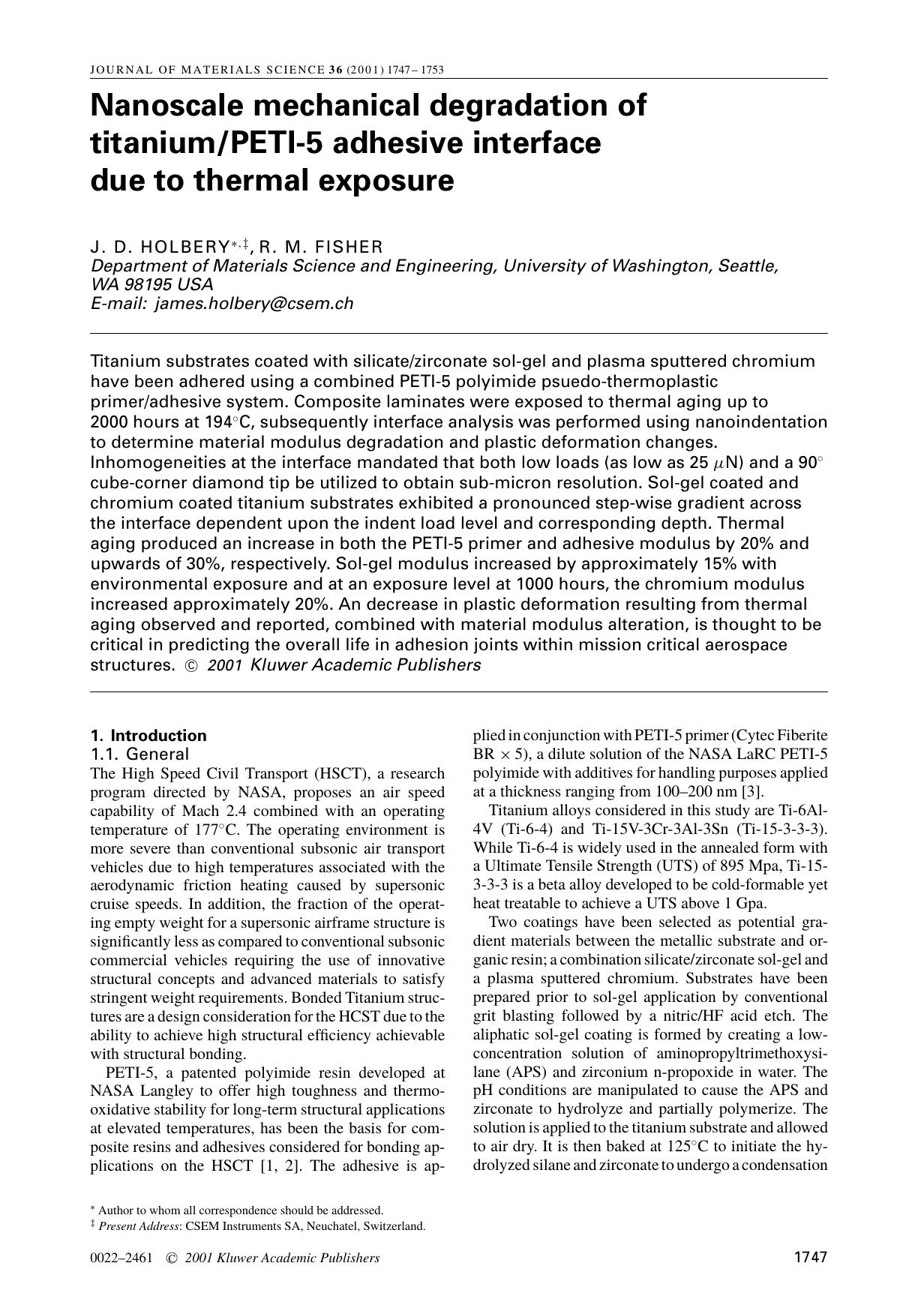 Nanoscale mechanical degradation of titaniumPETI-5 adhesive interface due to thermal exposure by Unknown