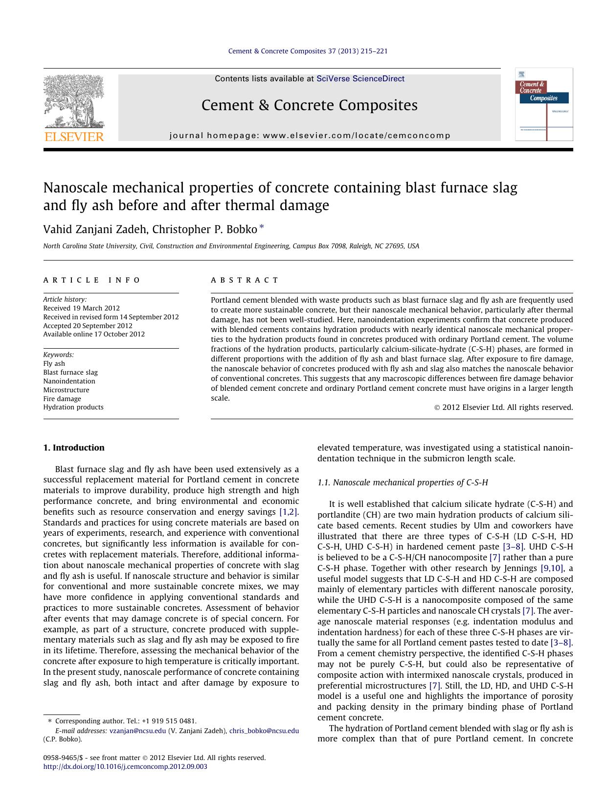 Nanoscale mechanical properties of concrete containing blast furnace slag and fly ash before and after thermal damage by Vahid Zanjani Zadeh & Christopher P. Bobko