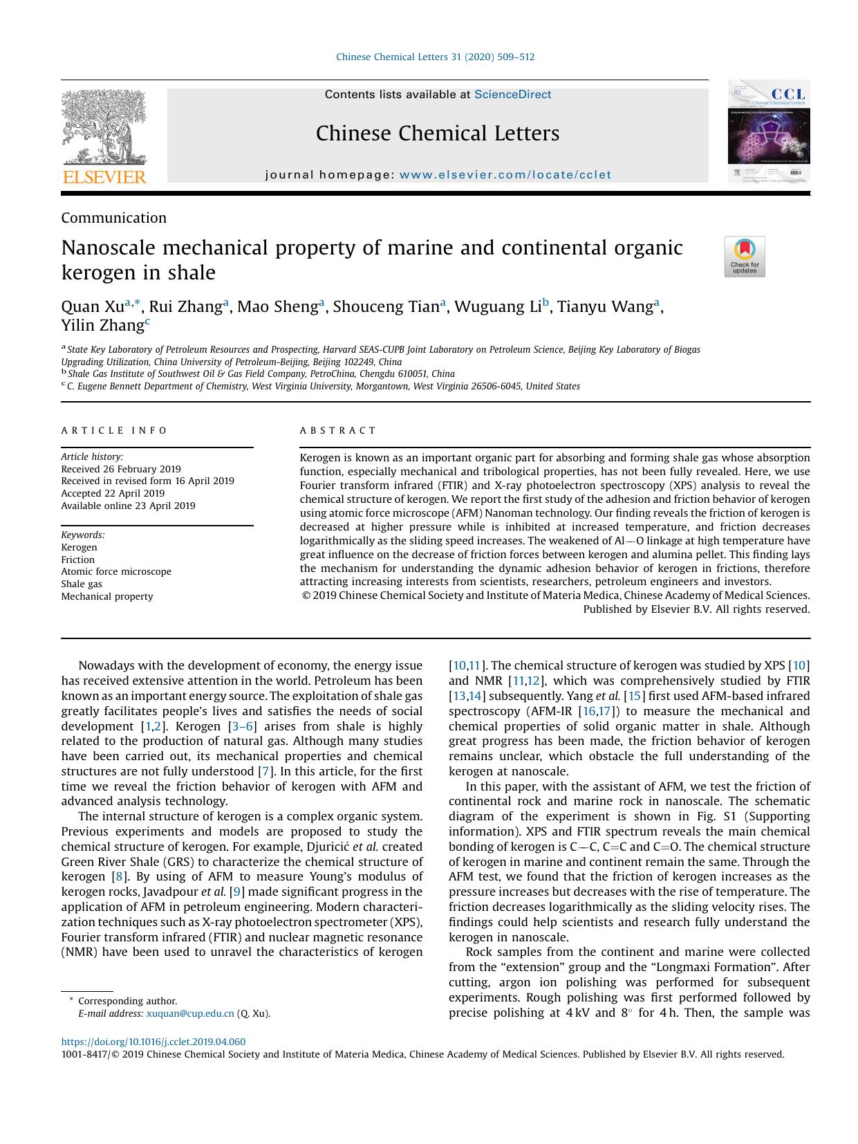 Nanoscale mechanical property of marine and continental organic kerogen in shale by Quan Xu & Rui Zhang & Mao Sheng & Shouceng Tian & Wuguang Li & Tianyu Wang & Yilin Zhang